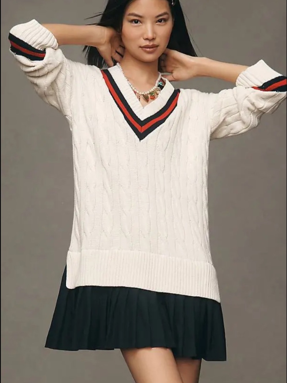 English Factory Cream Cable-Knit V-Neck Sweater Dress